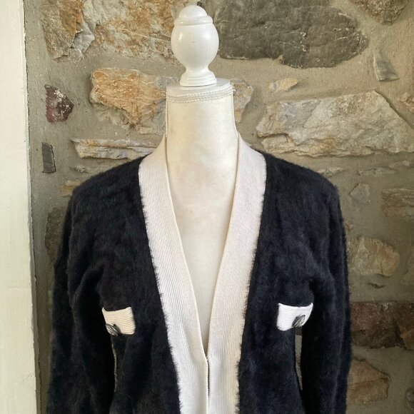 L'AGENCE Kai Wool Fuzzy Pocket Cardigan Color Block Black & White $495 Large - Picture 5 of 12